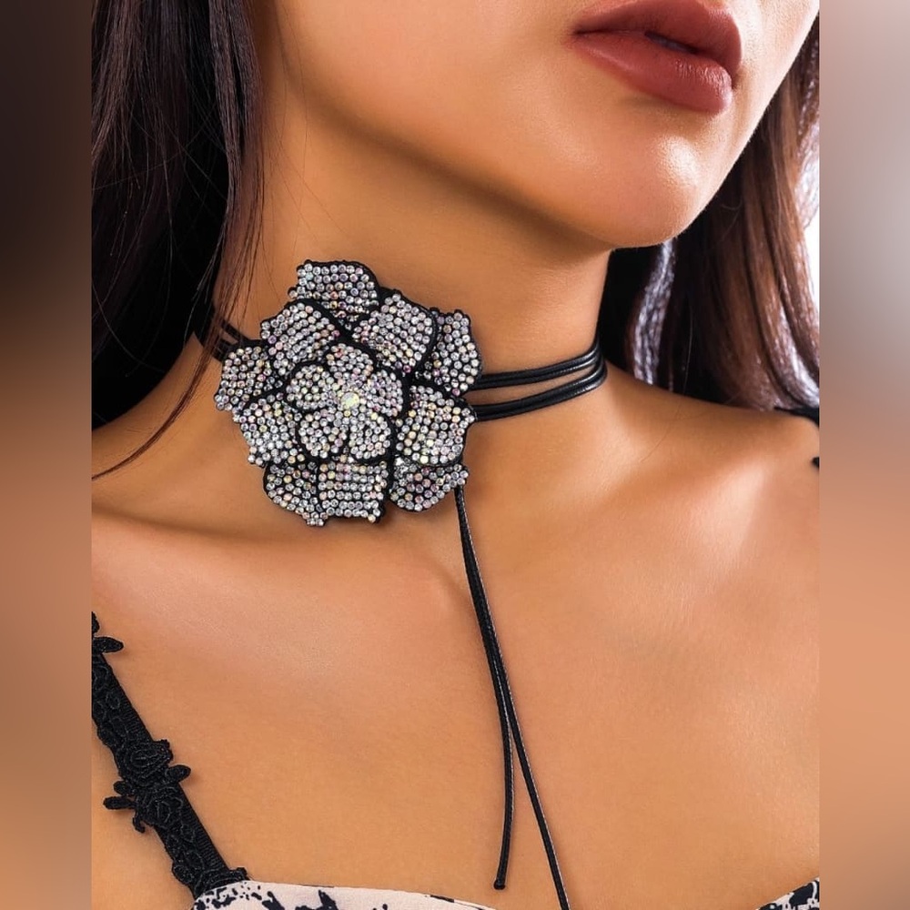 Rhinestone Flower Wrap Choker Necklace Black Faux Leather Statement